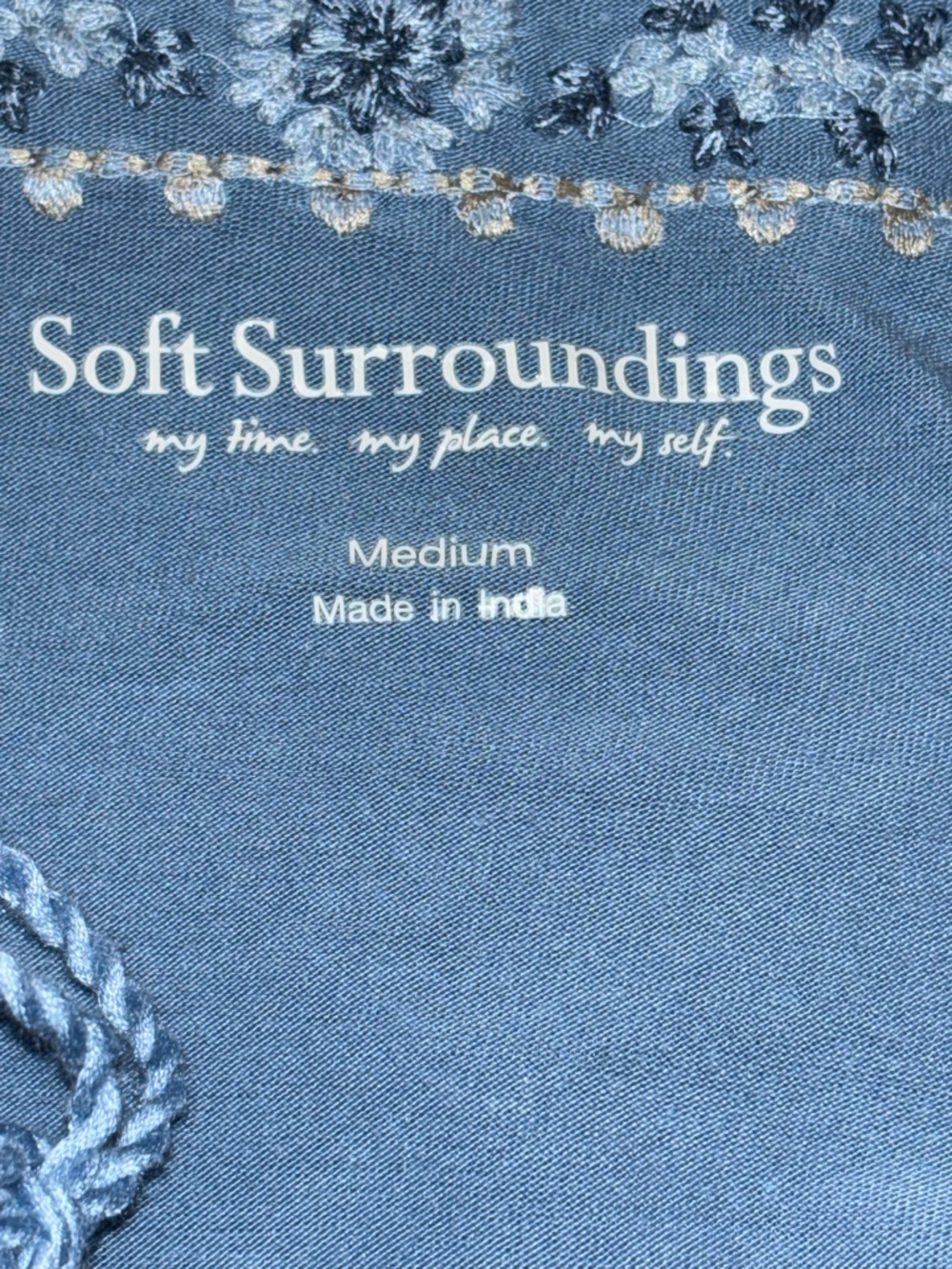 Soft surroundings embroidered long sleeve top with tassels -Blue Women's Medium - Picture 3 of 15